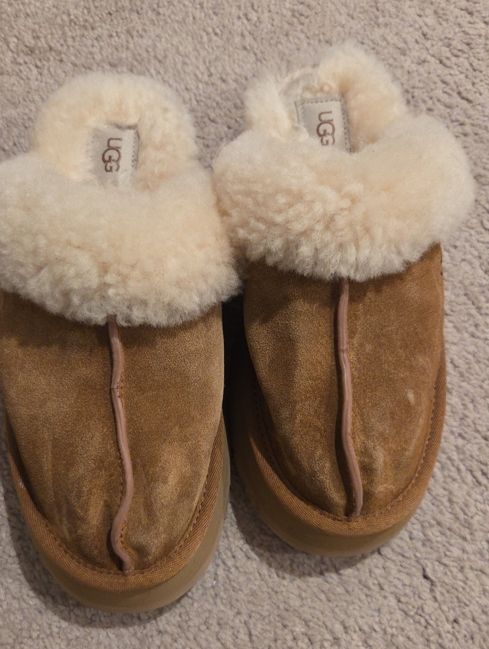 UGG Chestnut Suede Shearling Mule Slippers with Cream Collar